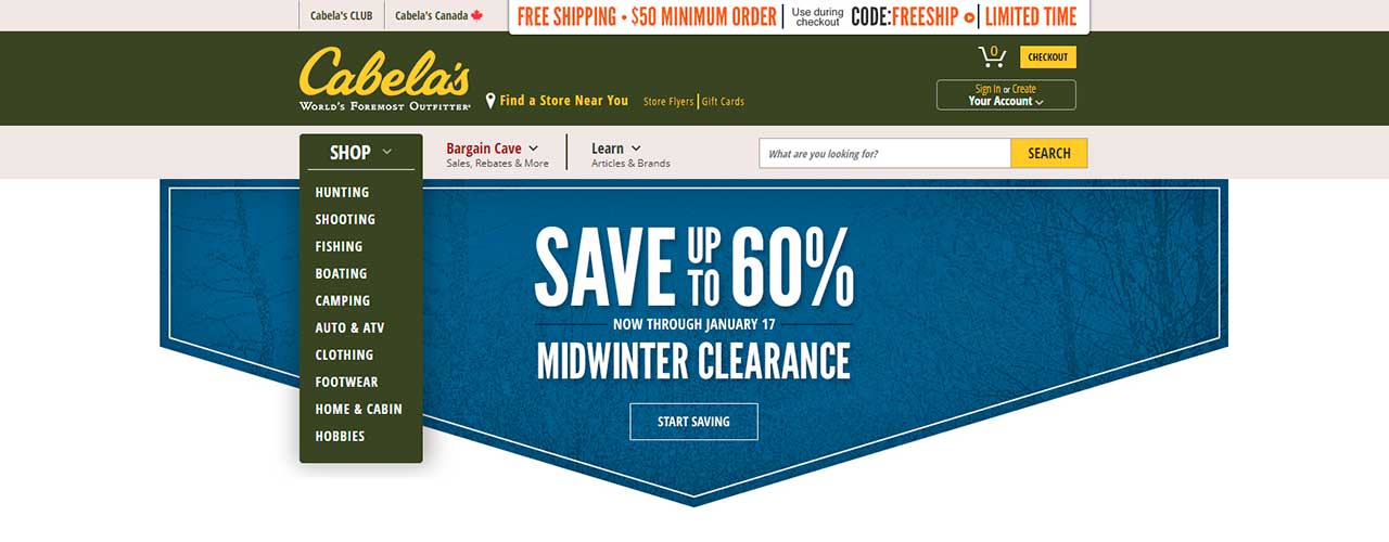 Free web scraper for Cabela's to extract data about products